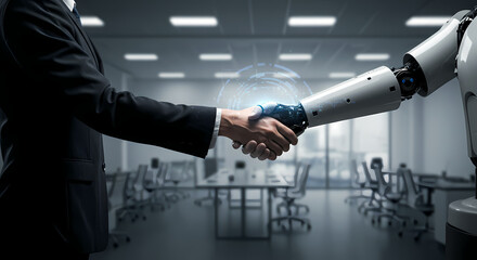A businessman in a suit shakes hands with a robot arm in a modern office, symbolizing the collaboration between humans and artificial intelligence in business today.