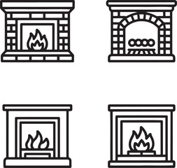 Set of Fireplace Outline vector illustration isolated On Transparent Background