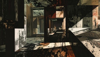 Abstract digital rendering of a fragmented and surreal dystopian interior from a future variant.