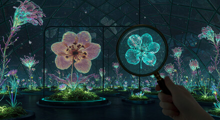 A hand holding a magnifying glass is examining a glowing digital flower in a futuristic bioluminescent greenhouse