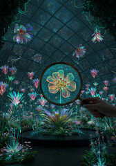 A hand holding a magnifying glass is examining a glowing digital flower in a futuristic bioluminescent greenhouse