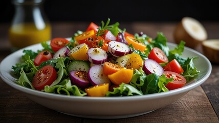 Vibrant fresh salad with colorful vegetables in a white bowl, ready to be enjoyed.