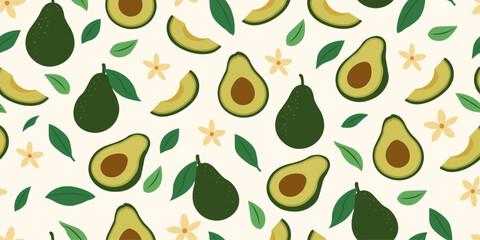 Vintage seamless pattern avocado fruit. Trendy seamless pattern with avocado. Fruit background with hand drawn avocado, flowers and leaves. Modern abstract design for paper, cover, fabric