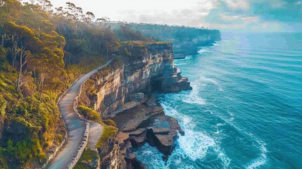 Scenic coastal view with winding road and ocean waves