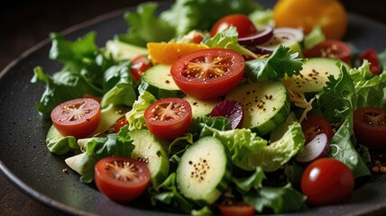 A close-up of a fresh salad with lettuce, tomatoes, cucumbers, red onion, and orange slices on a dark plate.