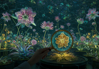 A hand holding a magnifying glass is examining a glowing digital flower in a futuristic bioluminescent greenhouse