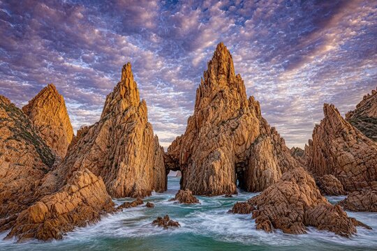 Dramatic coastal rock formations at sunrise