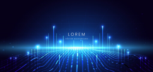 Technology glownig blue light with lighting effect and sparkle on dark blue background. © Pramote