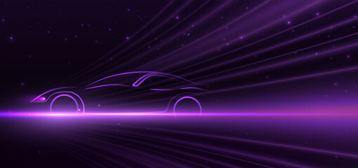 Naklejka premium Sport car on hi-speed motion moving concept on dark purple background.