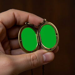A close-up shot of a hand holding an open vintage bronze locket with two empty green screen frames ready for content insertion