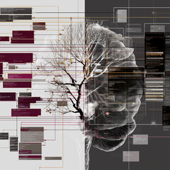 AGI intelligence ethics machine algorithm future. Learning consciousness. Automation innovation. Flowchart depicting AGI brain with layered design