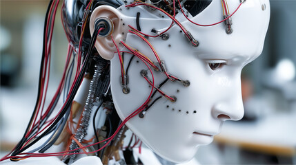 AGI intelligence ethics machine algorithm future. Learning consciousness. Automation innovation. Robotic face expressing human-like emotions