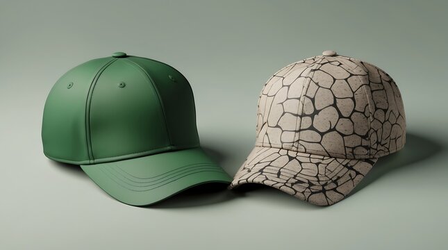 A pair of modern baseball caps on a plain surface, showing a contrast between a simple solid green and a beige abstract pattern.