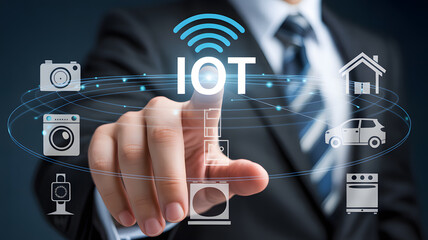 Businessman activates smart home technology network connecting devices for modern living