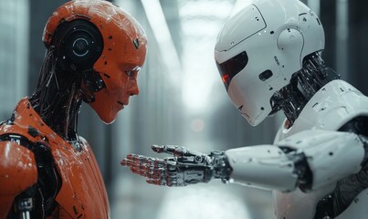 Human vs AI robot concept, illustrating the intersection of human intelligence and artificial intelligence in a futuristic, thought-provoking visual, Generative AI