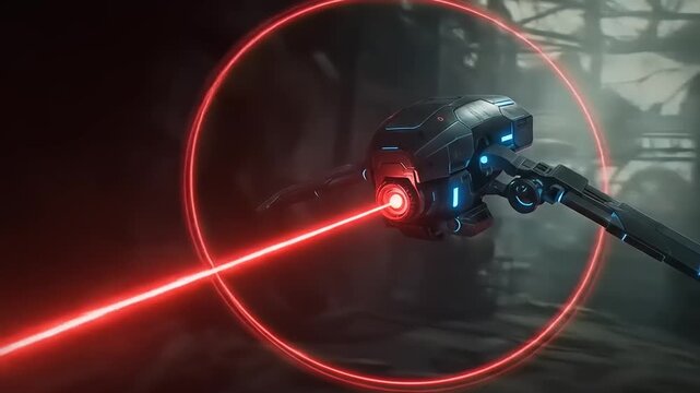 Futuristic laser weapon targeting in a dimly lit industrial setting with high-tech elements