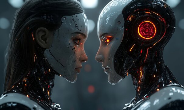 Human vs AI robot concept, illustrating the intersection of human intelligence and artificial intelligence in a futuristic, thought-provoking visual, Generative AI