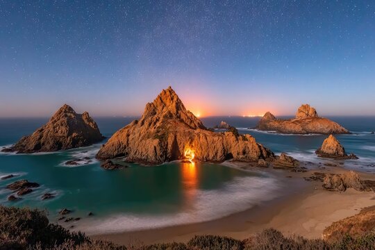 Coastal rocks and shoreline under a starry night sky