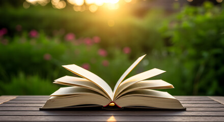 Open Book in Golden Sunlight on Wooden Table Amidst Green Nature