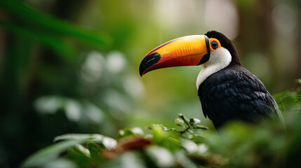 Fototapeta premium Toucan with vivid orange-yellow beak perched in lush tropical greenery