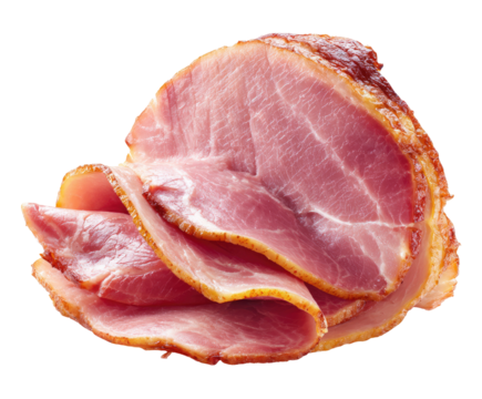 Slices of cured ham, golden-brown edges, stacked and slightly overlapping