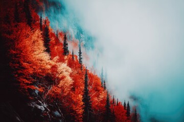 Autumn forest bathed in a hazy mist, vibrant colors of red and orange foliage