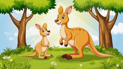 Fototapeta premium Kangaroos playing in a sunny meadow