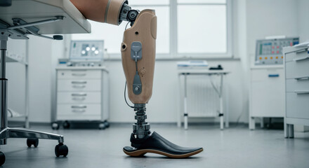 A prosthetic leg stands in a medical setting, showcasing advanced design and technology aimed at enhancing mobility for individuals with limb loss.