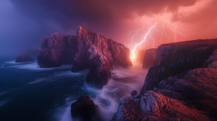 Lightning impacting a rocky cliffside, stones breaking apart with intense light flares and smoke trails 
