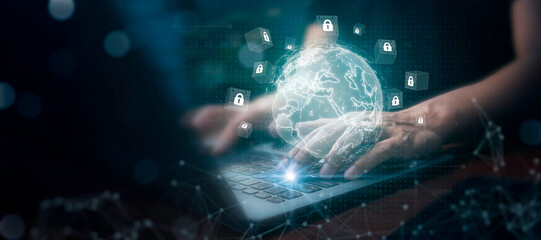 Male hand typing on computer. Web 3.0 hologram HUD with glowing globe and blockchain technology for security and transparency. New revolutionary technology. Web and decentralization concept.