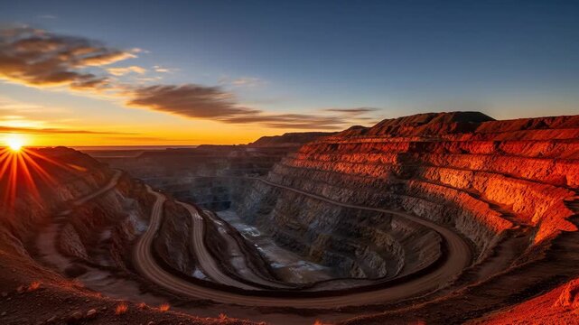Open Pit Mine at Sunset: Resource Extraction and Environmental Impact