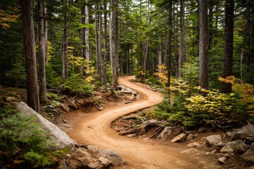 Winding dirt trail through a lush forest