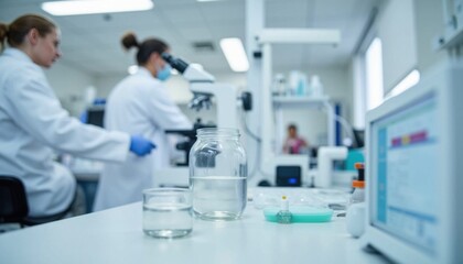 Fototapeta premium Laboratory setting with scientists conducting research and analyzing samples in a modern facility during daytime