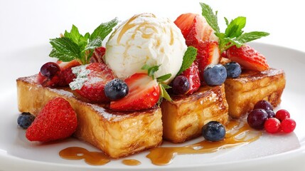 honey toast with ice cream and fruits, luxury cafe style