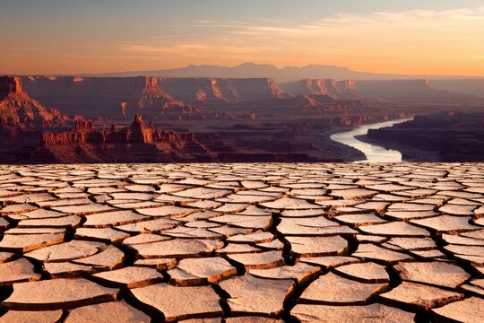 Dried cracked earth, canyon river vista