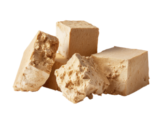 Four light beige, cubed confectionery pieces.  Broken edges show crumbly texture