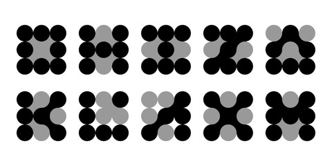 Atom dots connected in molecule structure pattern. Abstract circle shapes, collagen liquid drops. Medical tech metaball cells. Wavy merge fluid arrow, laboratory symbol. Dividing blob circuit cross
