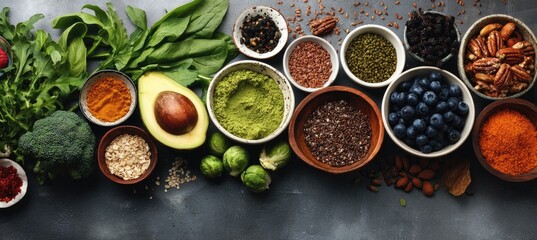 Colorful array of wholesome foods, featuring fresh greens, fruits, nuts, and spices, arranged on a dark gray surface