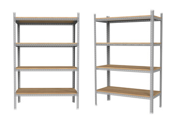Metal industrial-style office shelving unit with wooden shelves. A heavy-duty metal shelving rack. Sleek metal shelving unit with four wooden shelves.