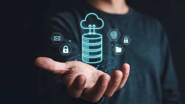 Secure cloud data storage and digital security concepts visualized on palm