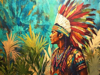Indigenous Mexican Man in Feathered Headdress Against Tropical Background