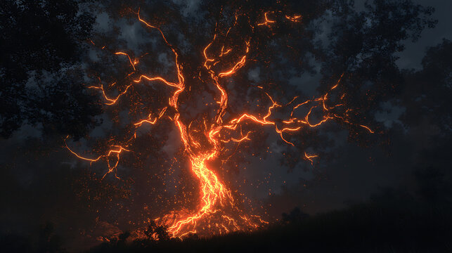 Intense lightning bolt striking a tall tree in a dark storm, vivid electric glow and splintering bark captured mid-flash 
