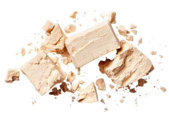 Light beige blocks of a food product, broken and scattered on a dark background