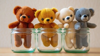 Four adorable teddy bear toys in glass jars