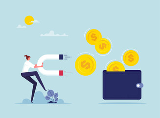 Attracting Money concept, Businesswoman holding magnet and attracting money from wallet