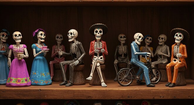 Day of the dead skeletons figures on shelf coco movie dia de muertos decoration and collectibles display