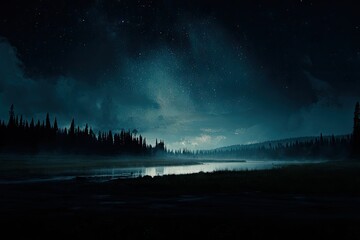 Dark, starry night over a tranquil forest lake