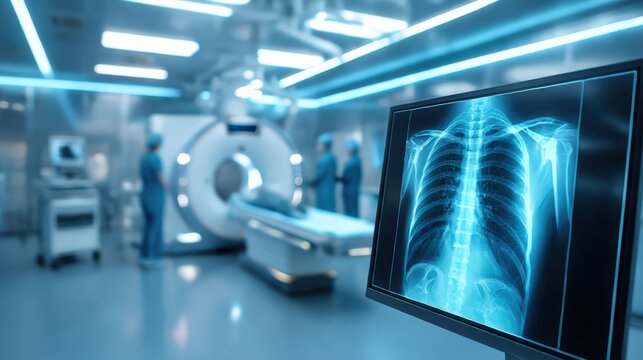 An inside view of a modern medical clinic, showing a CT scanner with a person lying on it. a screen displays an x-ray of the chest