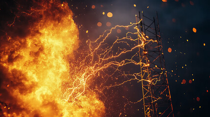 Close-up of lightning impact on a metal antenna, electric arcs exploding in all directions with detailed atmospheric glow 