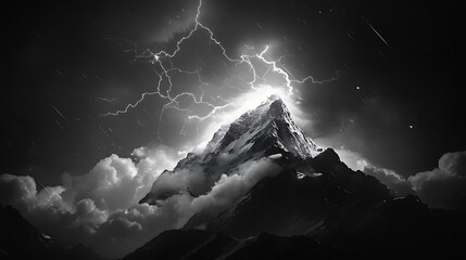 Bright forked lightning hitting the peak of a mountain at night, sparks flying and clouds illuminated with dramatic contrast 